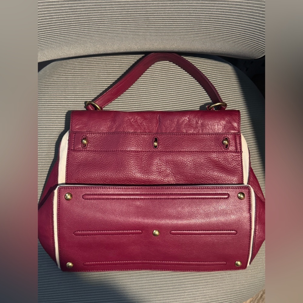 Authentic YVES SAINT LAURENT Muse Toe Leather Canvas Handbag Maroon - Picture 8 of 11